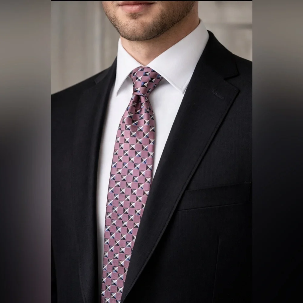 Roberto Villini Couture 100% Silk Pink & Black Geometric Tie